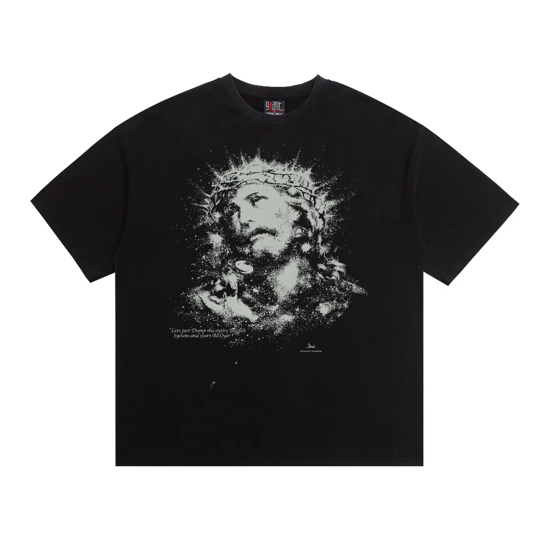 Saint Michael's luminous destroyed distressed washed retro printed Vintage loose short-sleeved T-shirt with digital white ink direct printing, the fabric is breathable and the pattern is three-dimensional and clear. Fabric: Double yarn 240 grams Style number: S880 Size: S-M-L-XL Color: Washed black Price: P118